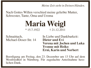 Traueranzeige von Maria Weigl von Pegnitz-Zeitung